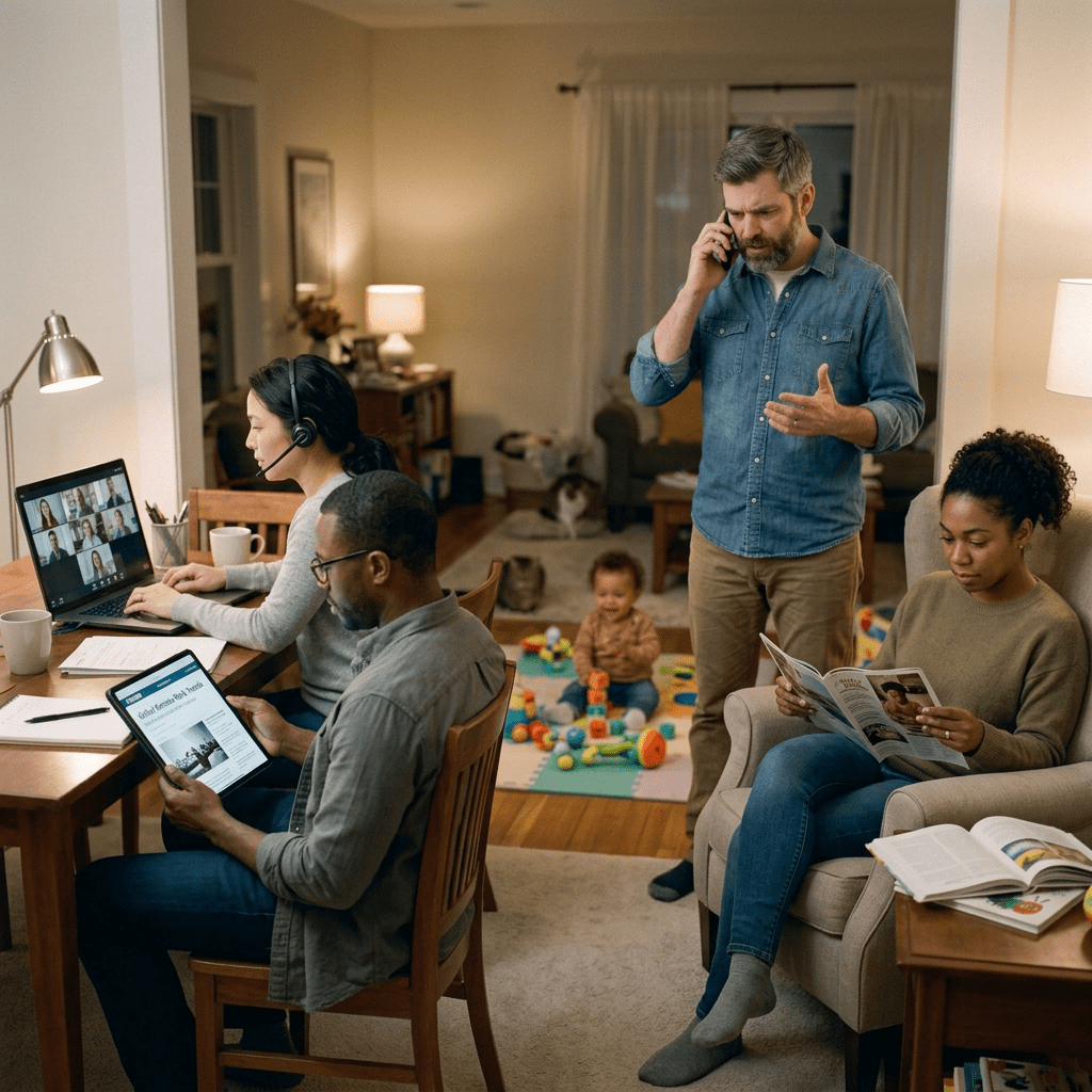 Family members working and relaxing together in a warmly lit home