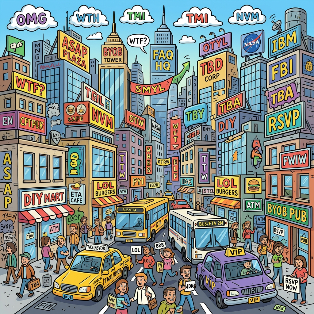 Cartoon city crowded with buildings, people, vehicles, and acronym signs