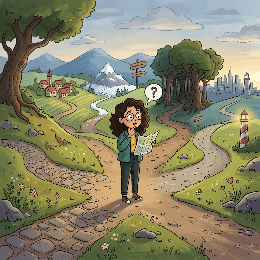 Girl holding a map at a crossroads between a village, mountains, and city