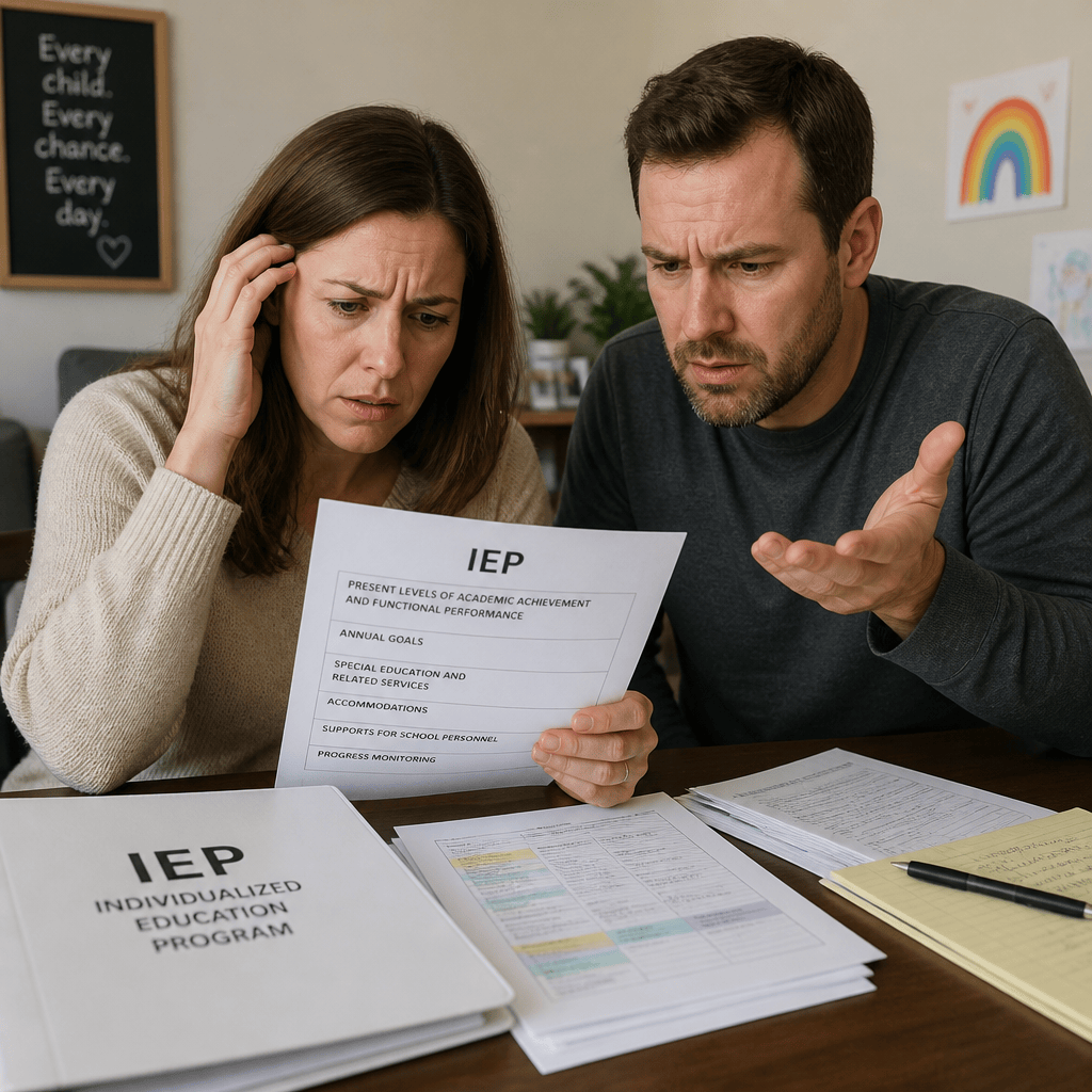 Parents reviewing an IEP document at a table