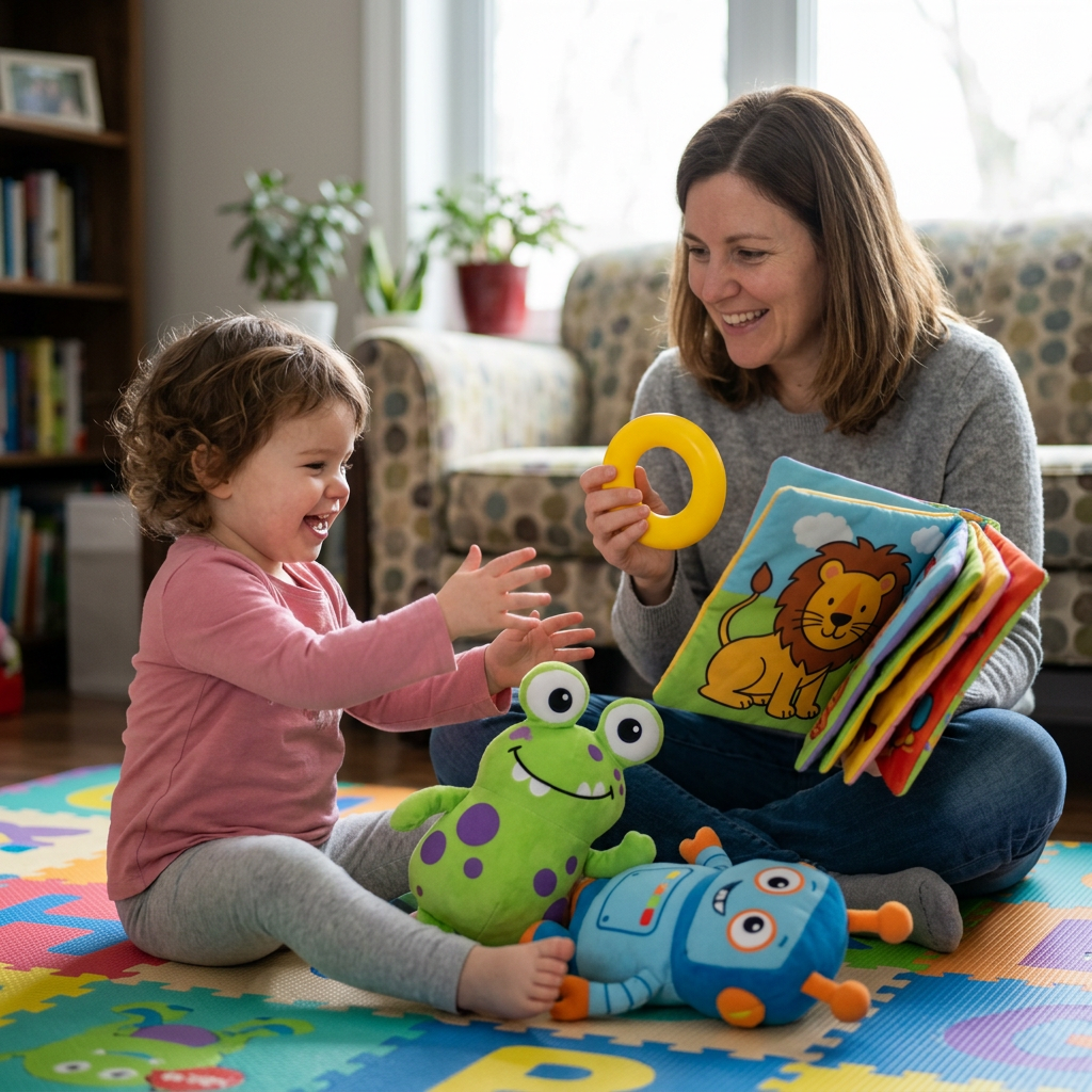 Mother and toddler playing with a yellow ring, fabric book, and stuffed toys