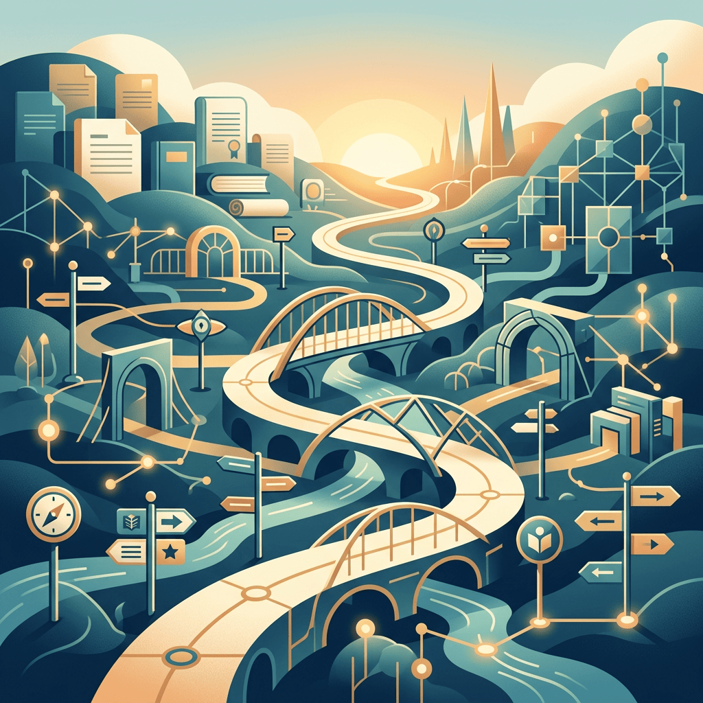 Illustrated landscape of winding roads, bridges, books, and interconnected signposts