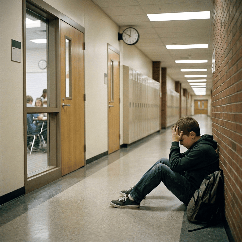 Younger student sitting in school hallway