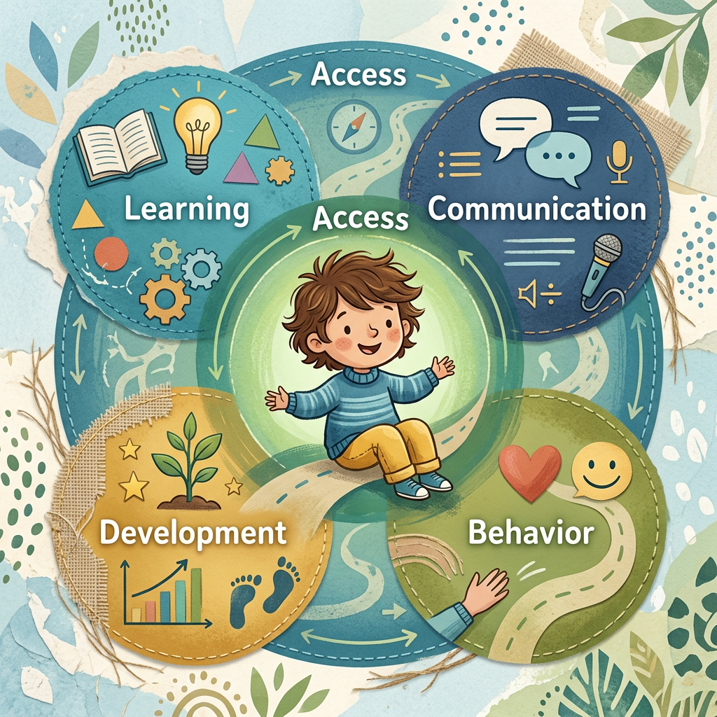 Illustration labeled Learning, Access, Communication, Development, and Behavior surrounding a child