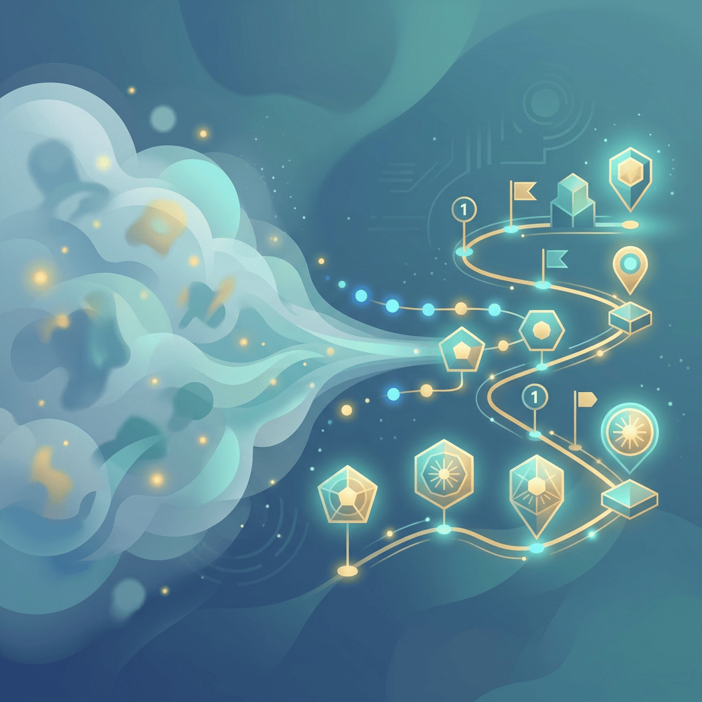Abstract glowing roadmap connecting creative ideas to project milestones
