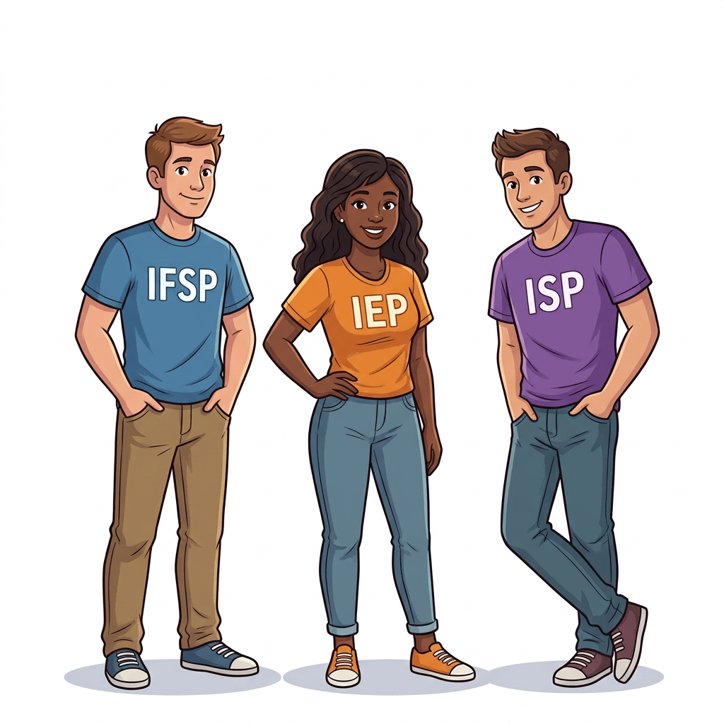 Three illustrated people wearing shirts labeled IFSP, IEP, and ISP
