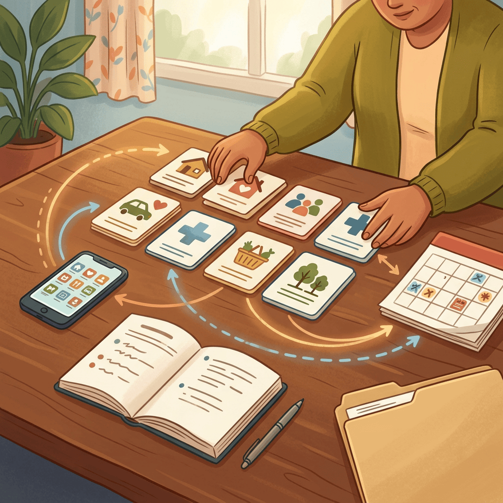 Person arranging illustrated task cards, notes, phone, and calendar on desk
