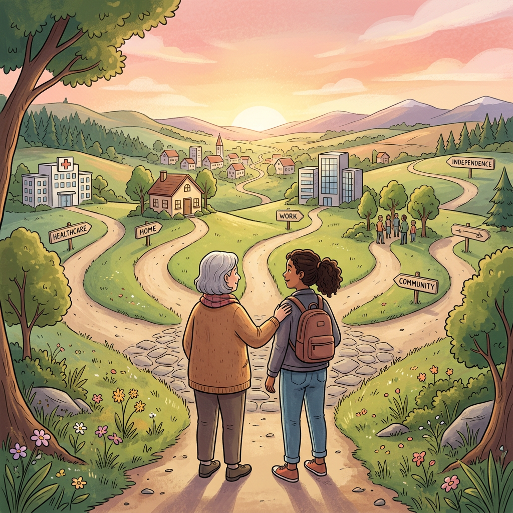 Two people on paths labeled HEALTHCARE, HOME, WORK, COMMUNITY, and INDEPENDENCE