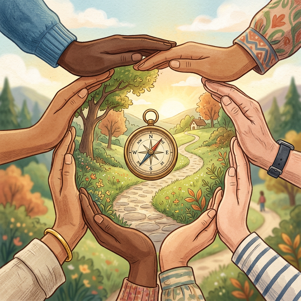 Diverse hands encircle a compass and path leading through a countryside landscape