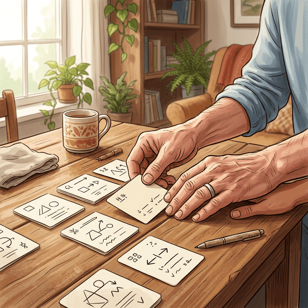 Person arranging illustrated cards beside coffee on a wooden table