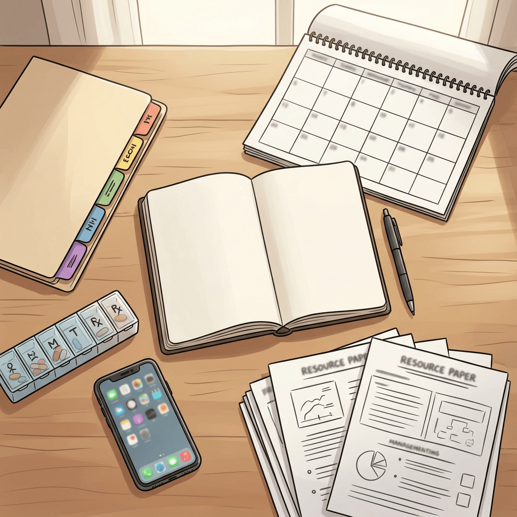Illustrated desk with open notebook, calendar, pen, phone, pill organizer, and resource papers