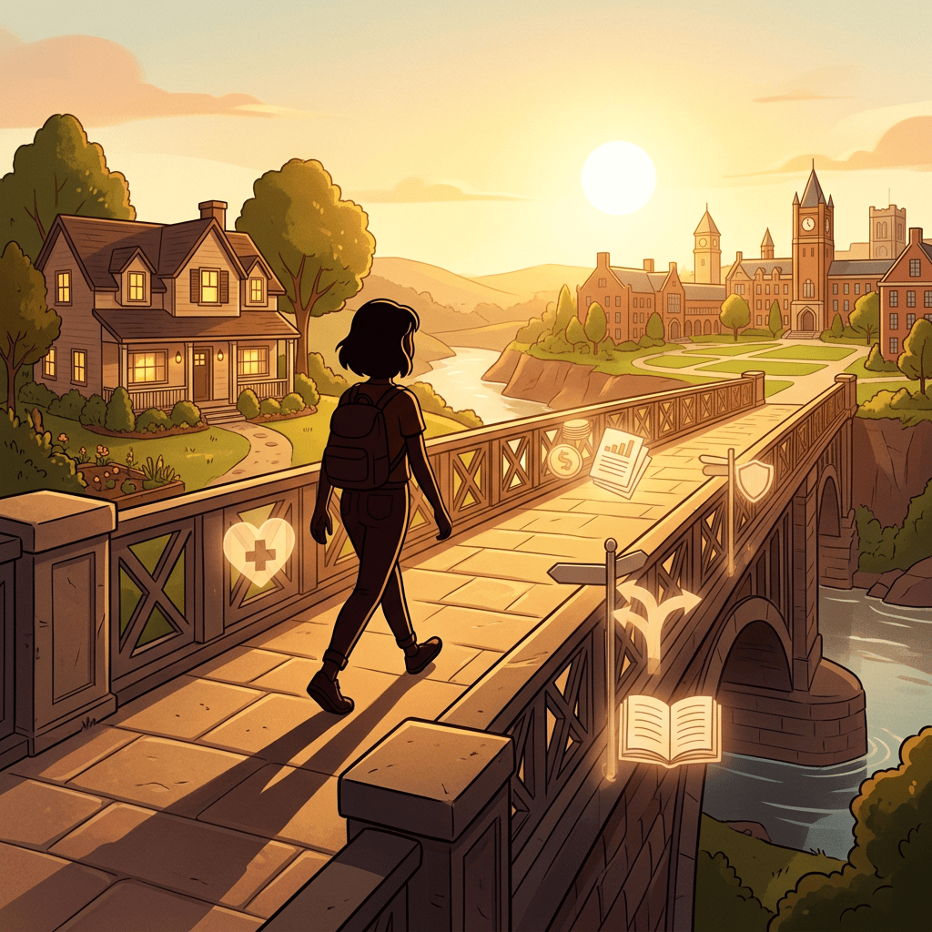 Traveler crossing a bridge toward a riverside town and clock tower
