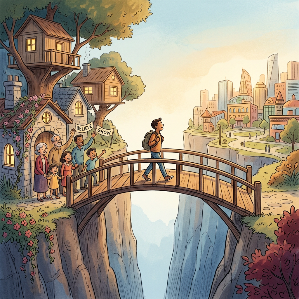 Traveler crossing a bridge while family holds Believe and Grow signs